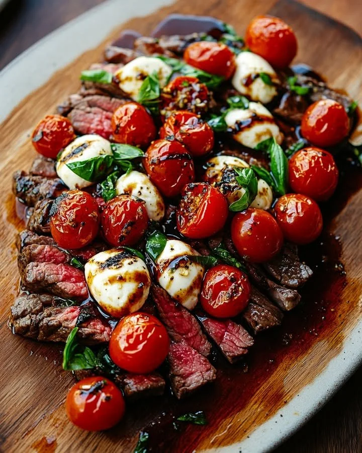 A vibrant Steak Caprese with Balsamic Dressing featuring steak, mozzarella, and tomatoes.