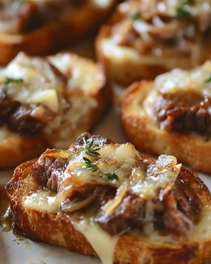 Delicious Steak and French Onion Bruschetta topped with herbs and cheese