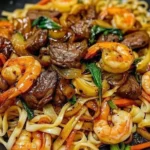 Delicious stir-fried steak shrimp noodles served on a plate