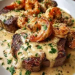 Delicious steak topped with creamy garlic shrimp on a plate