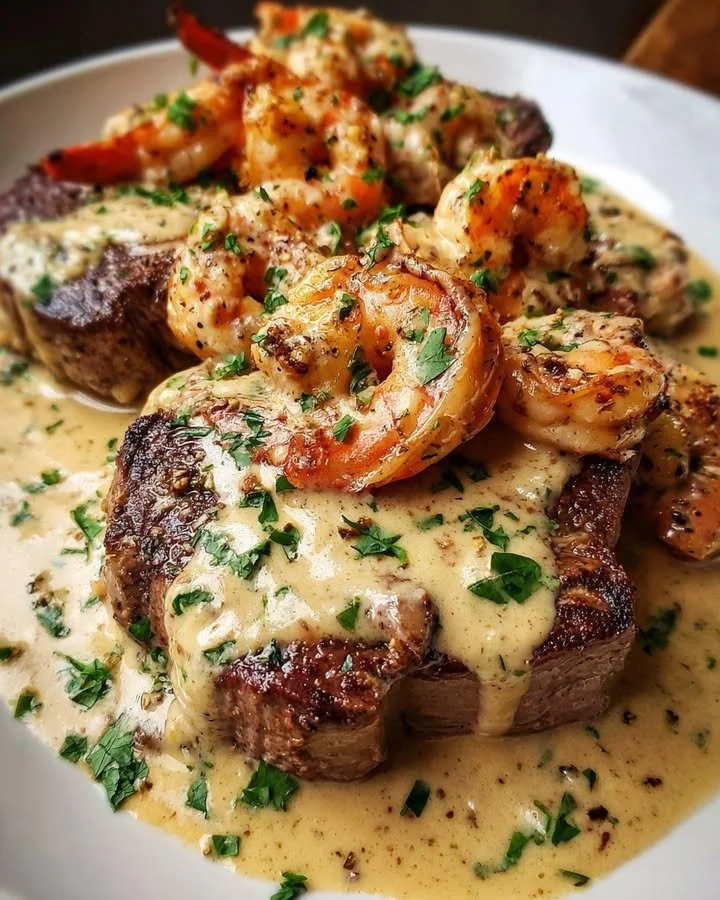 Delicious steak topped with creamy garlic shrimp on a plate