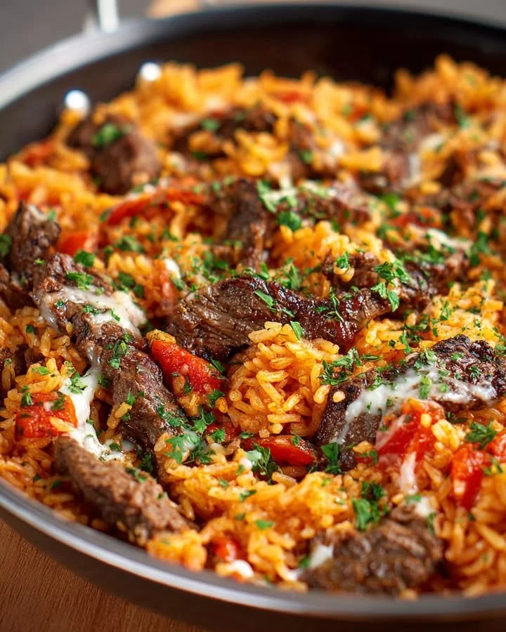 Juicy steak served with savory tomato rice in a delicious meal.