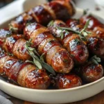 Delicious sticky bacon-wrapped sausages with sage, ready to serve