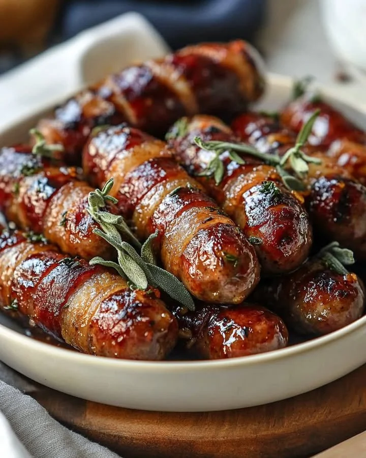 Delicious sticky bacon-wrapped sausages with sage, ready to serve