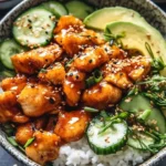 Delicious sticky orange chicken bowls topped with yum yum sauce
