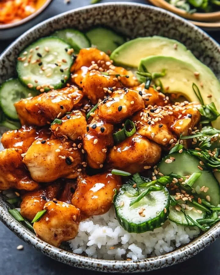 Delicious sticky orange chicken bowls topped with yum yum sauce