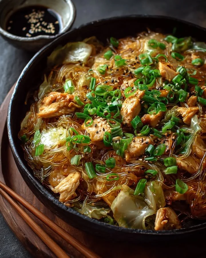 Stir-fried chicken with Napa cabbage and glass noodles served in a bowl