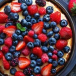Delicious Strawberry Blueberry Summer Cake topped with fresh berries and cream