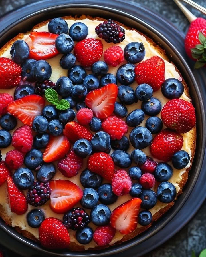 Delicious Strawberry Blueberry Summer Cake topped with fresh berries and cream