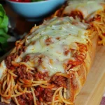 Delicious stuffed Italian bread boat filled with savory ingredients