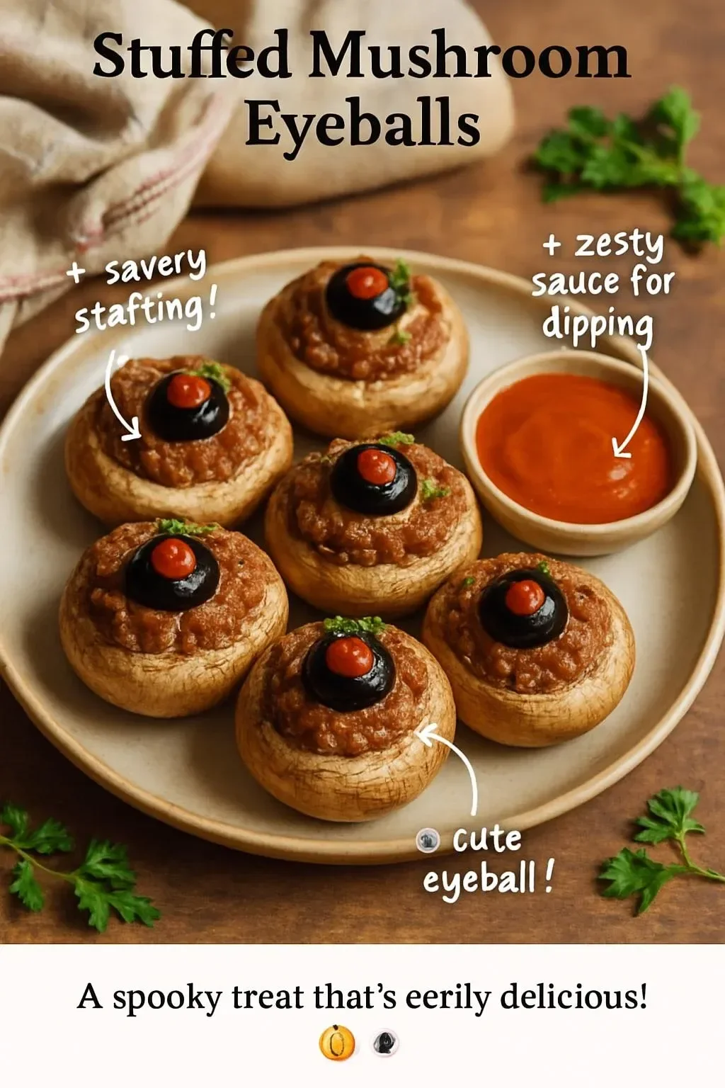 Stuffed mushroom eyeballs recipe for Halloween party appetizers