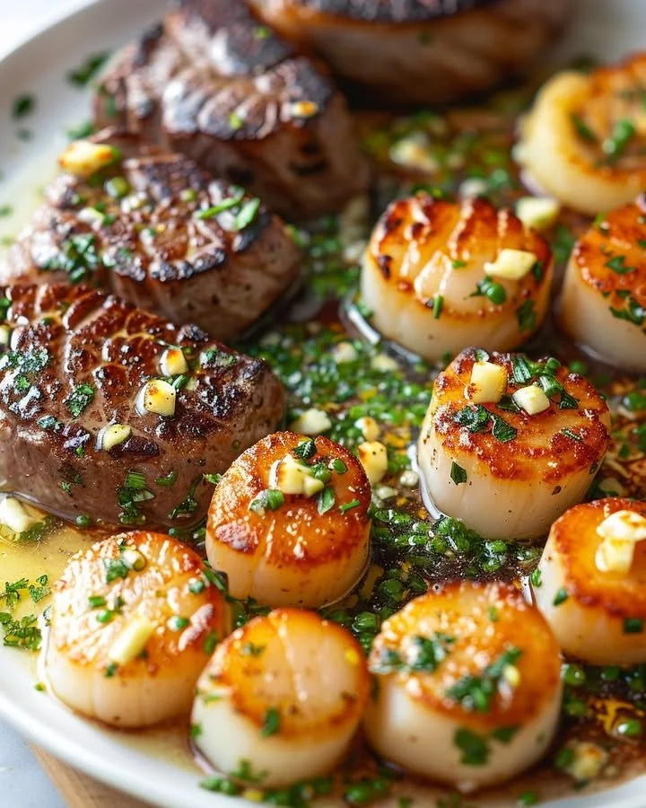 Delicious Surf and Turf with Garlic Butter Sauce served on a plate