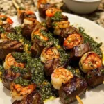 Plate of Surf & Turf with Chimichurri sauce drizzled on top.