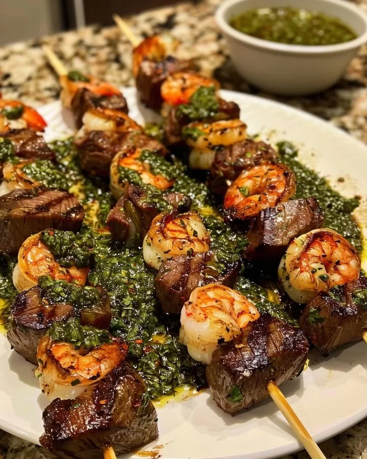 Plate of Surf & Turf with Chimichurri sauce drizzled on top.