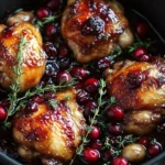 Cranberry glazed chicken garnished with herbs on a plate