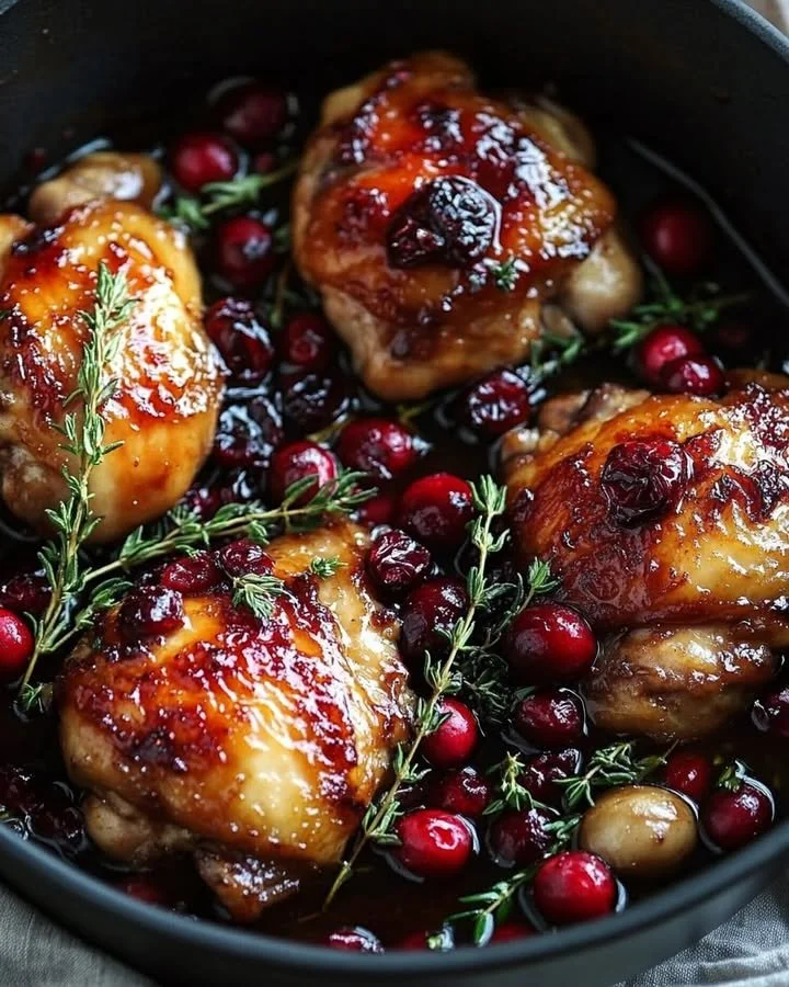 Cranberry glazed chicken garnished with herbs on a plate