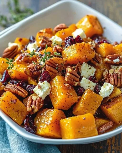 Honey roasted butternut squash with cranberries, pecans, and feta cheese