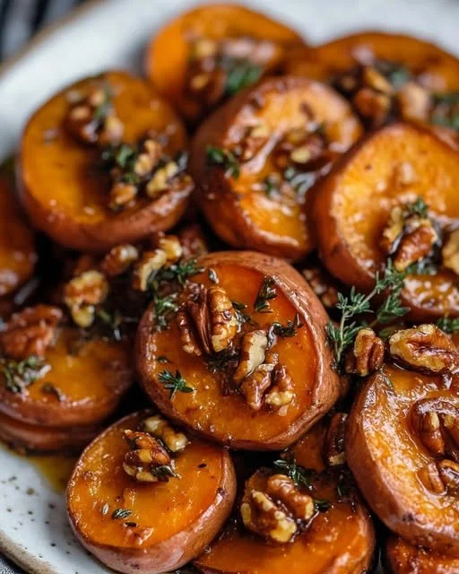 Maple roasted sweet potatoes with walnuts and thyme, a delicious side dish