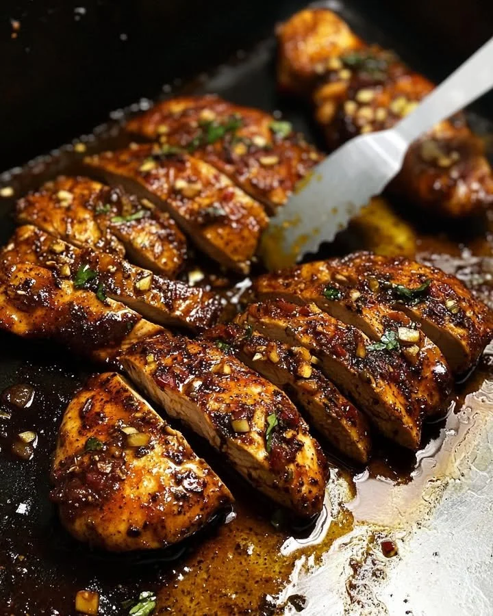 Plate of sweet and spicy honey chicken garnished with herbs