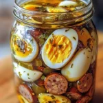 Tangy pickled eggs with sausage and onions served in a jar
