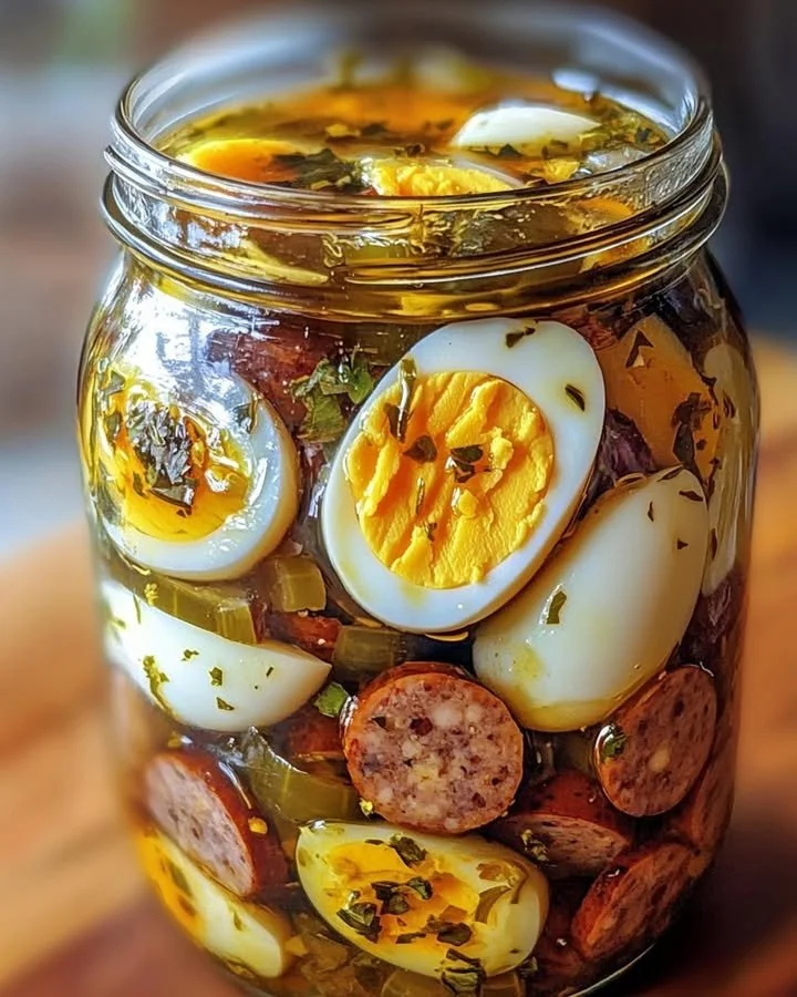 Tangy pickled eggs with sausage and onions served in a jar