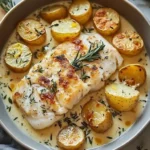 Tender baked cod with Yukon potatoes in creamy rosemary lemon sauce