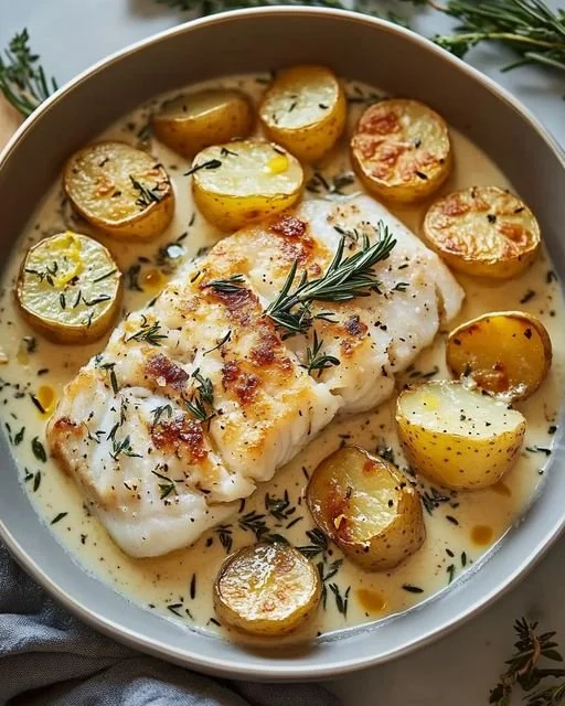 Tender baked cod with Yukon potatoes in creamy rosemary lemon sauce