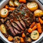 A delicious tender chuck roast with carrots, potatoes, and mushroom gravy on a plate.