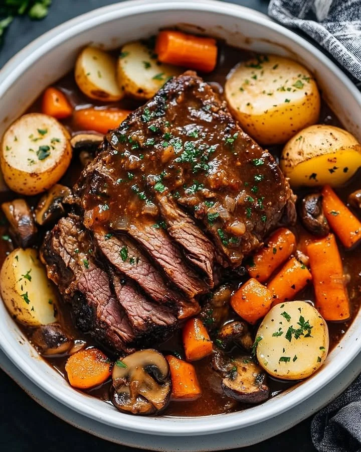 A delicious tender chuck roast with carrots, potatoes, and mushroom gravy on a plate.