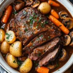Tender chuck roast with carrots, potatoes, and mushroom gravy served on a plate.