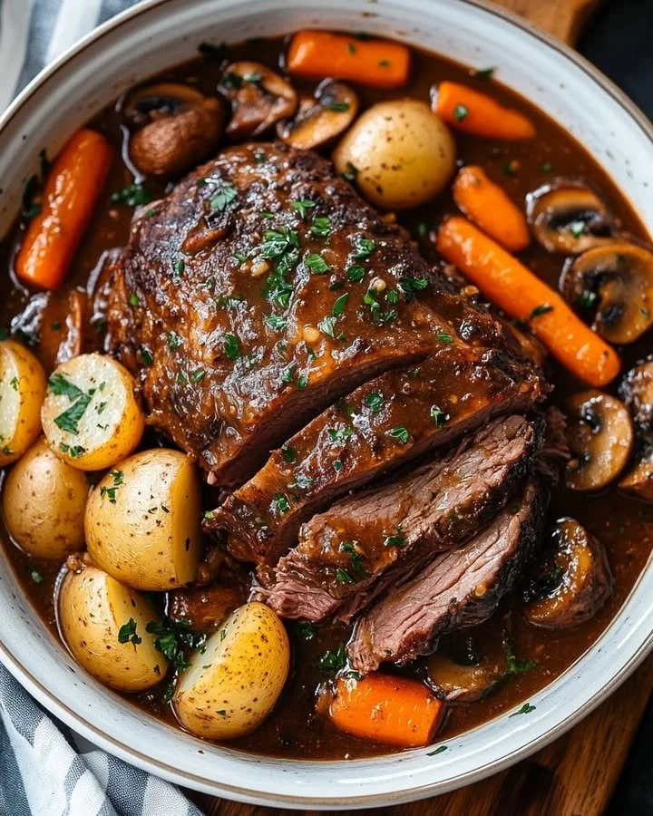 Tender chuck roast with carrots, potatoes, and mushroom gravy served on a plate.