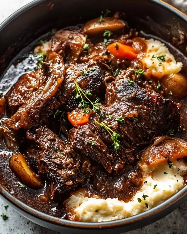 Tender pot roast with mashed potatoes on a plate, ready to enjoy.