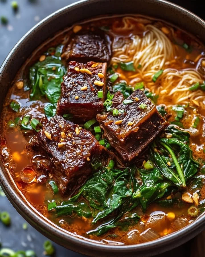 Tender slow-cooked short ribs served with noodles and spinach in a delicious sauce
