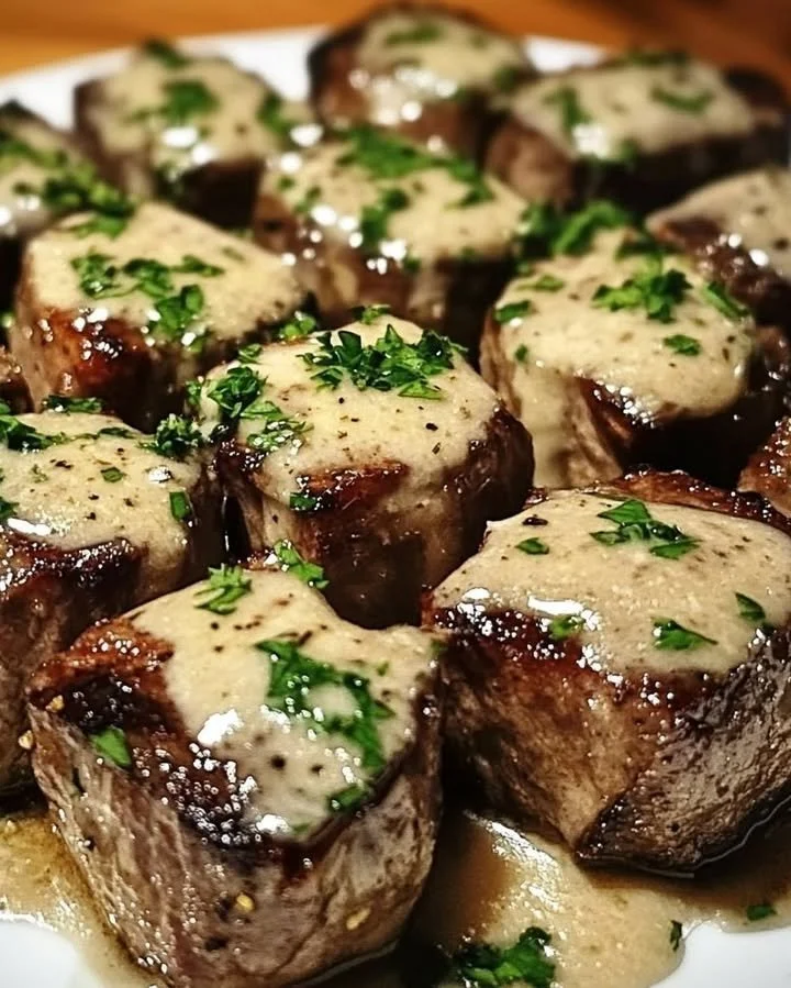 Tender steak bites cooked in garlic butter with a creamy Parmesan sauce
