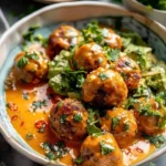 Thai curry meatballs with coconut milk sauce and avocado salsa on a plate