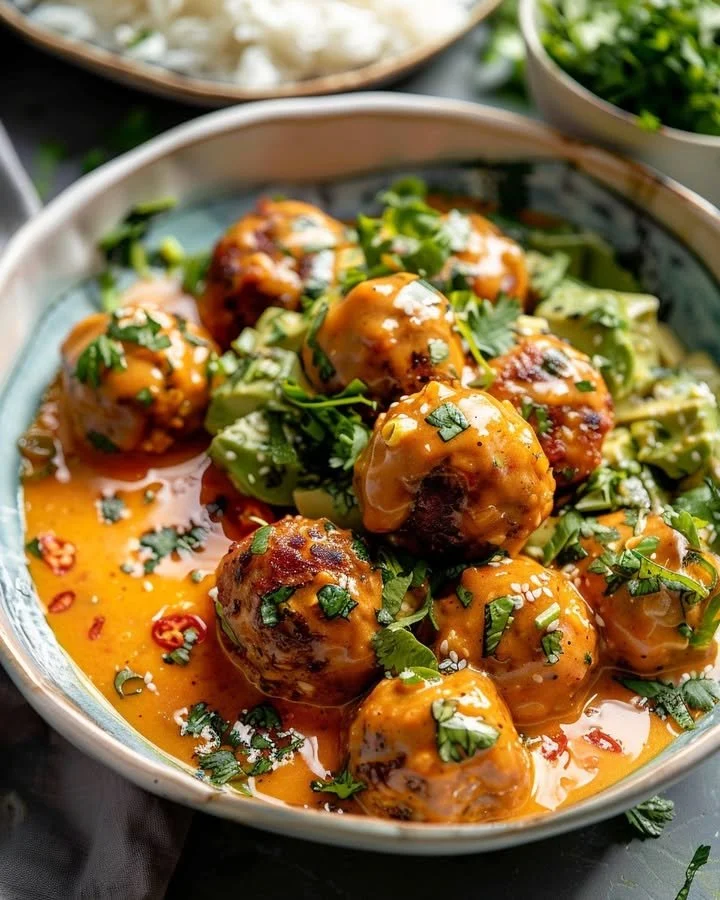 Thai curry meatballs with coconut milk sauce and avocado salsa on a plate