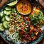 Thai Peanut Chicken Noodle Bowls with fresh vegetables and peanut sauce