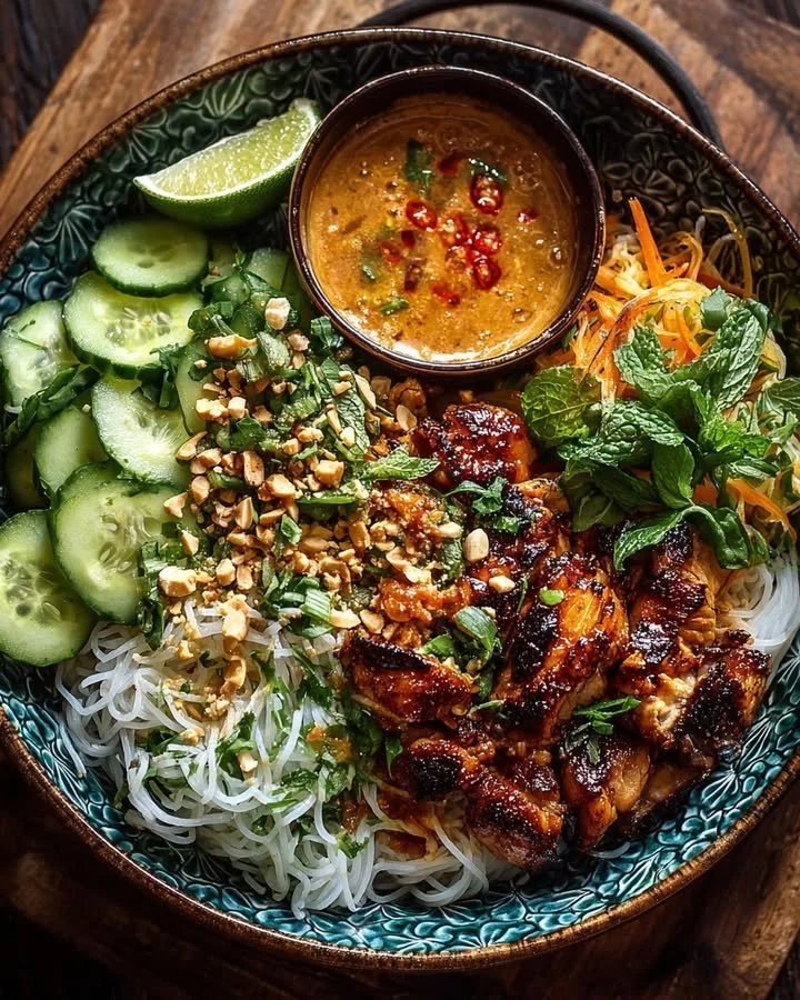 Thai Peanut Chicken Noodle Bowls with fresh vegetables and peanut sauce