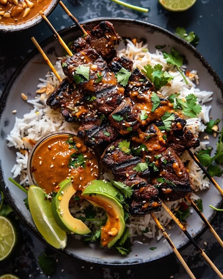 Thai peanut glazed steak skewers on a serving platter