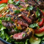Thai-Style grilled steak salad topped with fresh herbs and vegetables