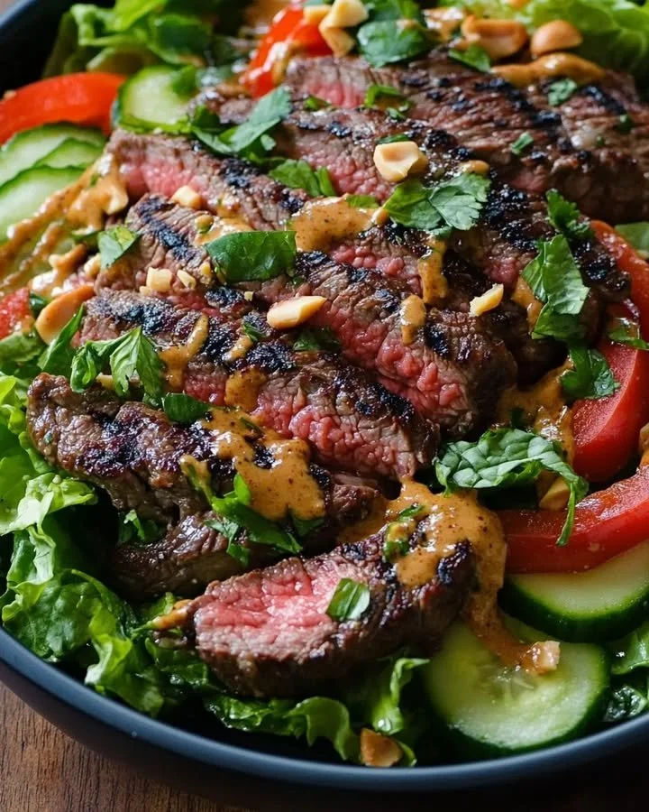 Thai-Style grilled steak salad topped with fresh herbs and vegetables