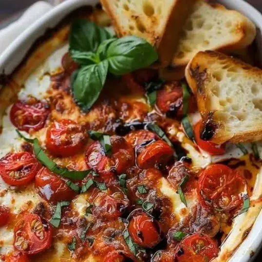 Three-Cheese Tomato Bruschetta Dip served with toasted bread