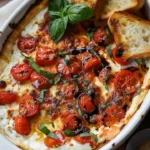 Three-Cheese Tomato Bruschetta Dip served in a bowl with fresh herbs