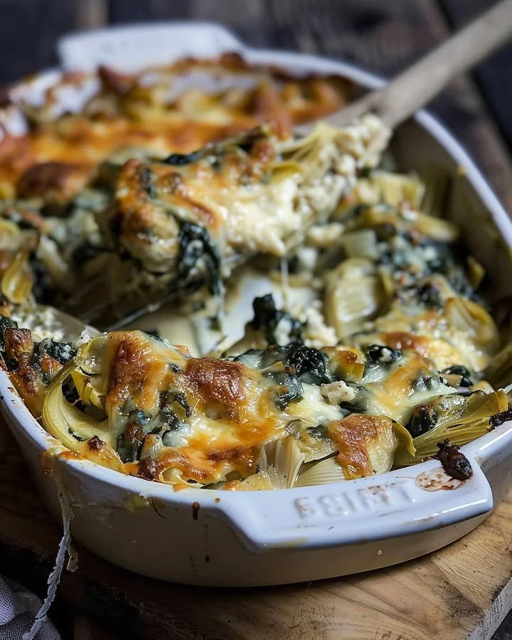 Cheesy turkey artichoke bake dish, golden and appetizing, ready to serve.