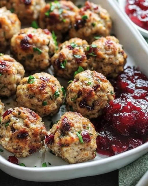Turkey cranberry stuffing meatballs served on a plate ready for dinner