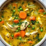 Bowl of turmeric chicken soup with vegetables and herbs for anti-inflammatory benefits