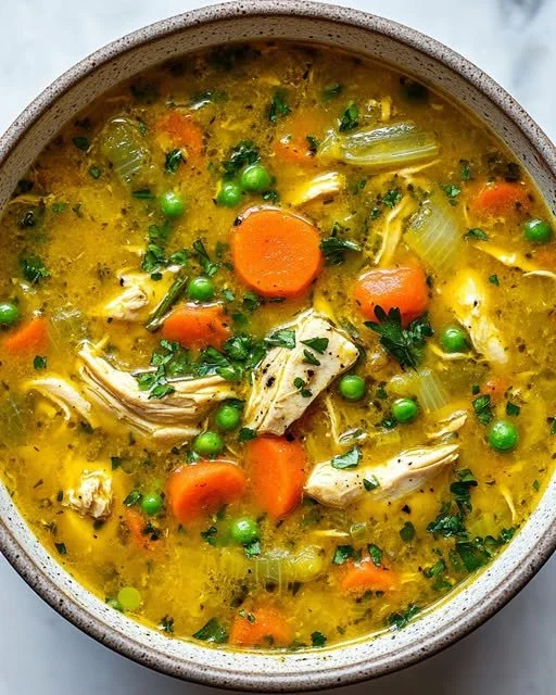 Bowl of turmeric chicken soup with vegetables and herbs for anti-inflammatory benefits