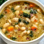 Bowls of Tuscan White Bean and Kale Soup garnished with fresh herbs