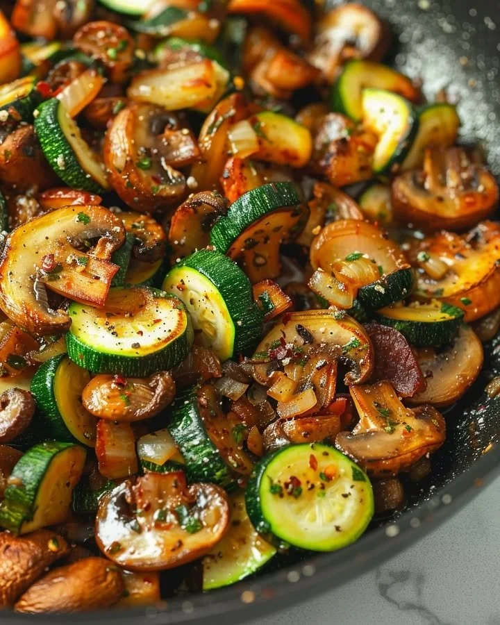 Tuscan zucchini and mushroom medley plated with fresh herbs