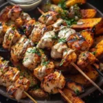 Tzatziki chicken skewers served with crispy herb feta fries on a platter.
